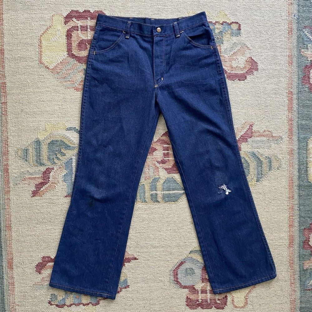 70s Wrangler Wide Leg Flare Jeans Vintage Size 14 28x28 Dark Denim Talon Zipper